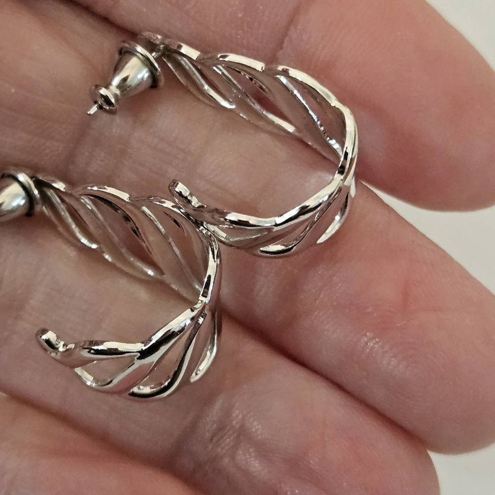 Monet Earrings Silvertone Half Hoops NWOT - Picture 3 of 8